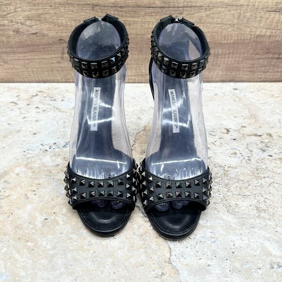 Manolo Blahnik Black Studded Leather Heels Sandals Womens Ankle Strap Size 39 - Picture 4 of 12